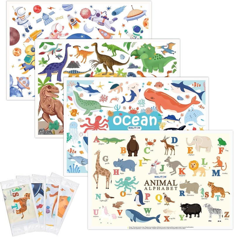 Maliton Disposable Placemats for Baby & Toddlers - Individually Wrapped 32 Pack Stick on Placemat Waterproof Baby Placemats for Dining Table, Travel, Restaurants, Animal Alphabet Designs (12x18 Inch) - Image 1